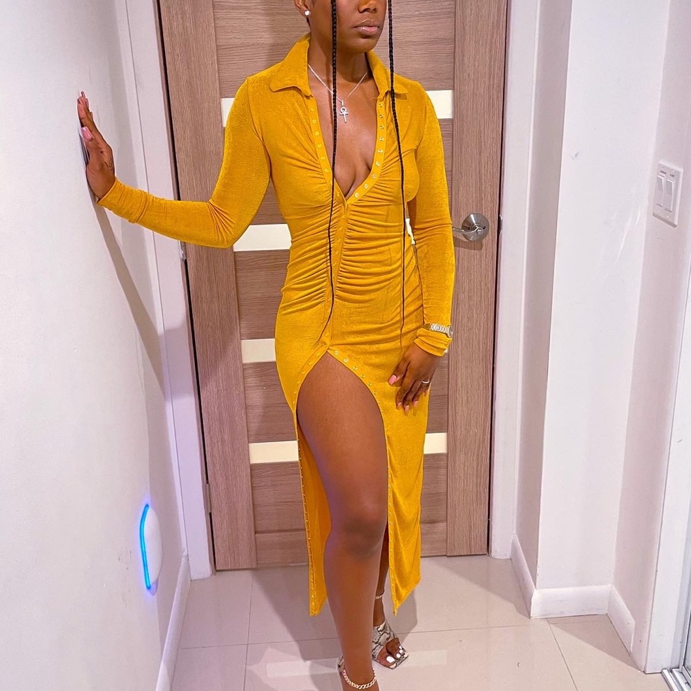 Yellow button down dress fashion nova